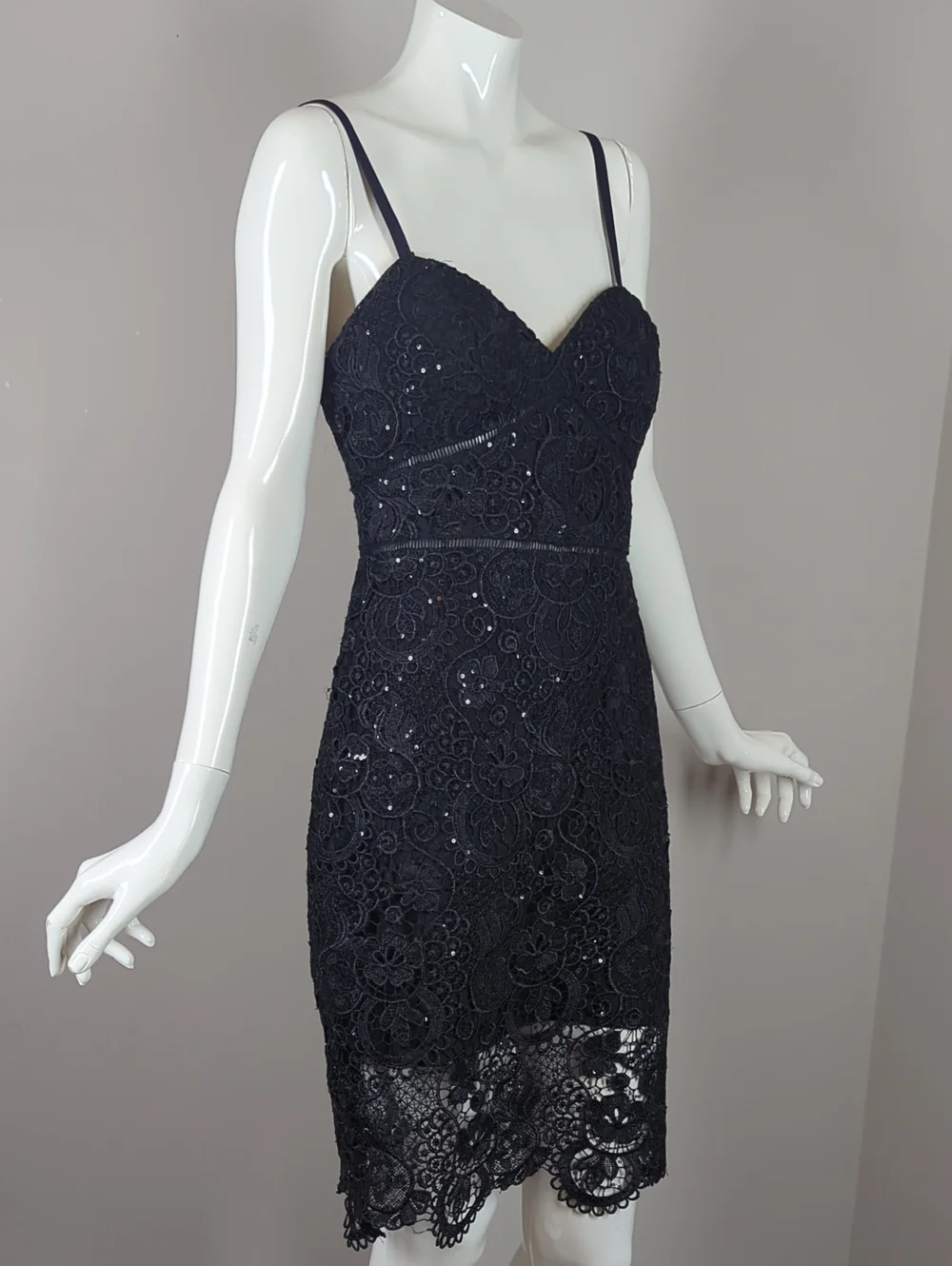 bebe Black Lace Sequin Spaghetti Strap Bodycon Dress Small - Picture 4 of 10
